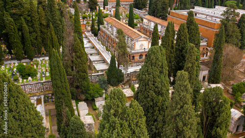 Aerial view of Campo Verano, a monumental cemetery located in the historic center of Rome, Italy. The cemetery has Christian catacombs and many graves of famous people. 