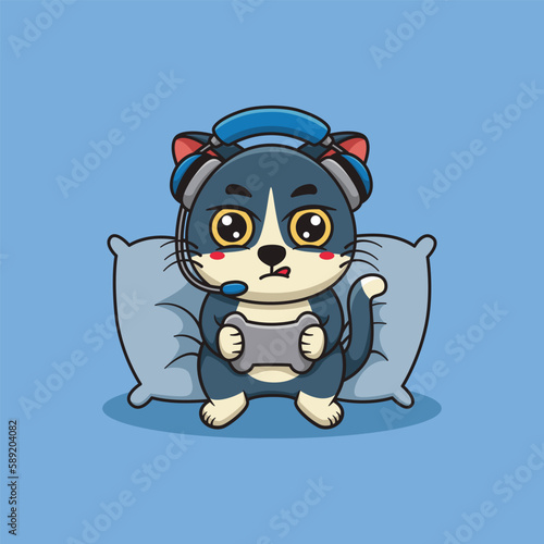 Vector Cute Cat Gaming Illustration. Kawaii Animal Cartoon Character Design For Banner, Poster, Icon, and Mascot