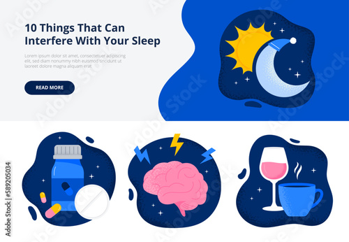 Factors affect sleep quality. Medications, stress, alcohol and caffeine before sleep. Trendy flat vector illustrations for web banner or landing page.