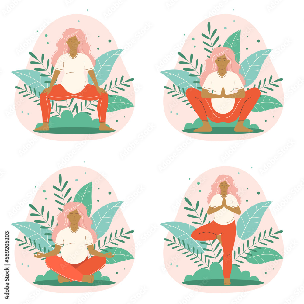 Pregnancy Yoga and Meditation Woman Poses Set Pregnancy Yoga and Meditation Woman Poses Set