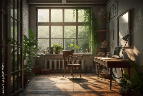 The Ideal Home Office, with perfect lighting, nice house plants, and a view from behind a person sitting naturally on a chair. The calm and serene mood invites the viewer to appreciate. © Milenko