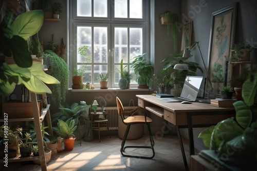 The Ideal Home Office  with perfect lighting  nice house plants  and a view from behind a person sitting naturally on a chair. The calm and serene mood invites the viewer to appreciate.