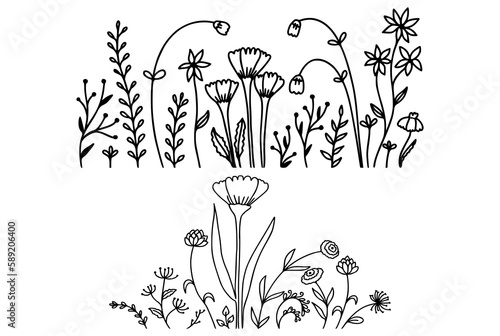 Set of hand drawn doodle line flowers and plants. Vector illustration