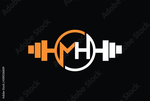 Letter M,H, HM OR MH Logo With barbell. Fitness Gym logo Vector.