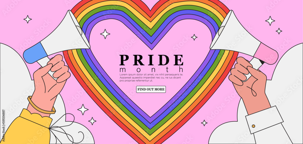 People hand hold loud speaker with lgbt rainbow. Pride month festival ...