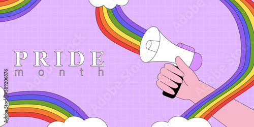 People hand hold loud speaker with lgbt rainbow. Pride month festival, parade or march celebration against violence, descrimination. Lgbtq greeting card, social media or web banner, placard or poster.