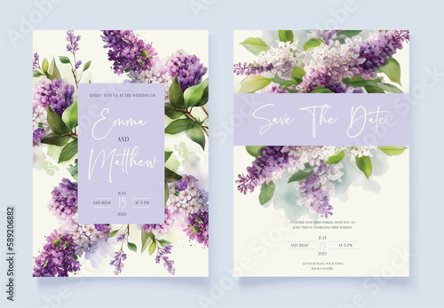 Floral Wedding invitation card. Watercolor lilac flowers.