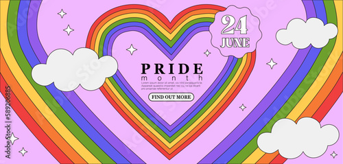 Lgbt pride month festival social media banner, web page, greeting card, placard, flyer or poster. Lgbtq event invitation with heart shape frame on pink background in trendy outline cartoon style.