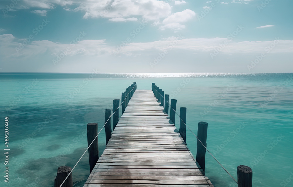 the end of a wooden dock in the water and over a blue sky