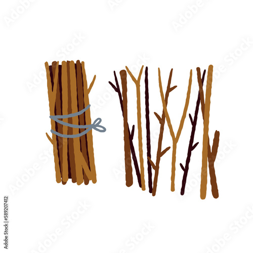 Bundle of firewood. Sticks for lighting a fire. Rustic element isolated on white