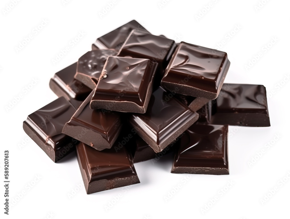 Pieces of dark chocolate isolated on white background.