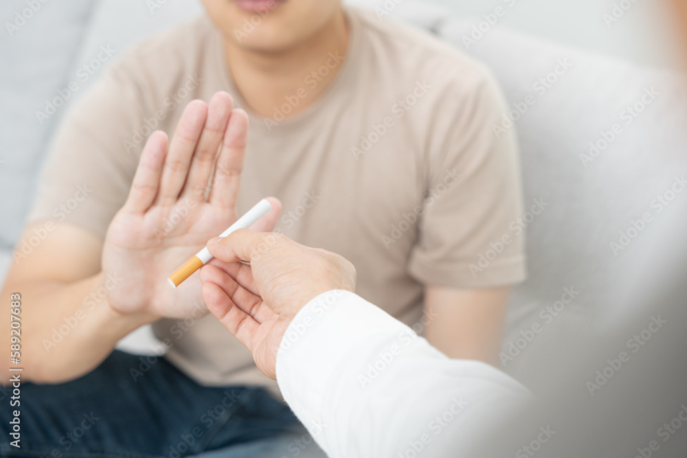 No smoking. Man stop smoke, refuse, reject, break take cigarette, say