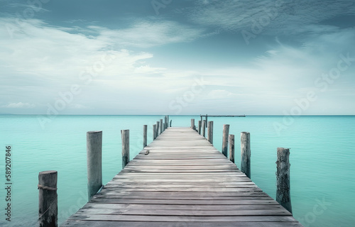 the end of a wooden dock in the water and over a blue sky © Nhan