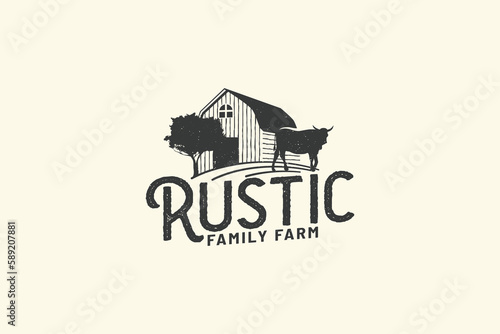rustic farm logo with a combination of field, cow and barn in vintage style.