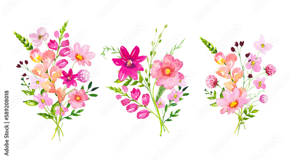 Set of bouquets with meadow pink flowers and leaves. Watercolor floral illustration