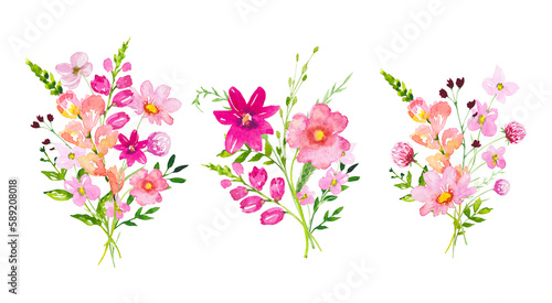 Set of bouquets with meadow pink flowers and leaves. Watercolor floral illustration © Diasha Art
