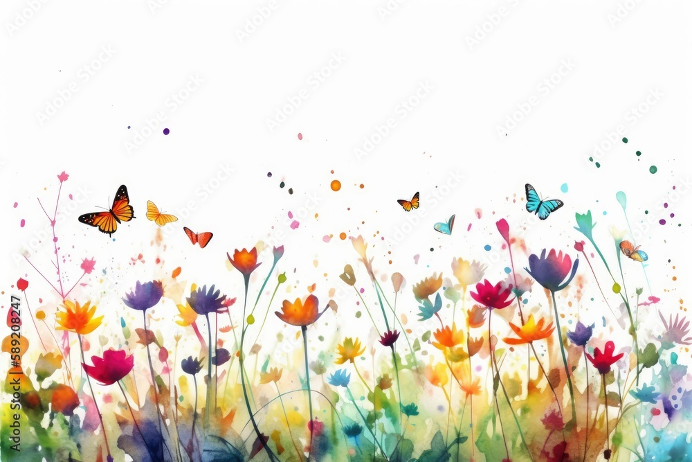 Abstract flower summer meadow with flying butterflies watercolor style on a white background created with Generative AI