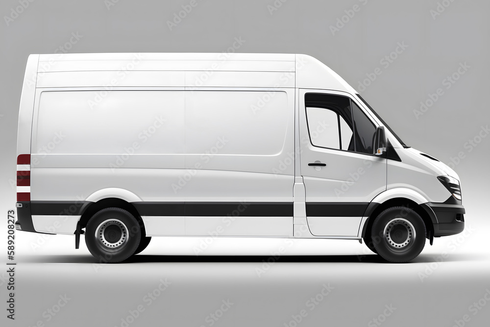 Clean blank white delivery van isolated on empty background, side view of plain car cargo carrier with large space for design, transportation logistics mockup Ai generated