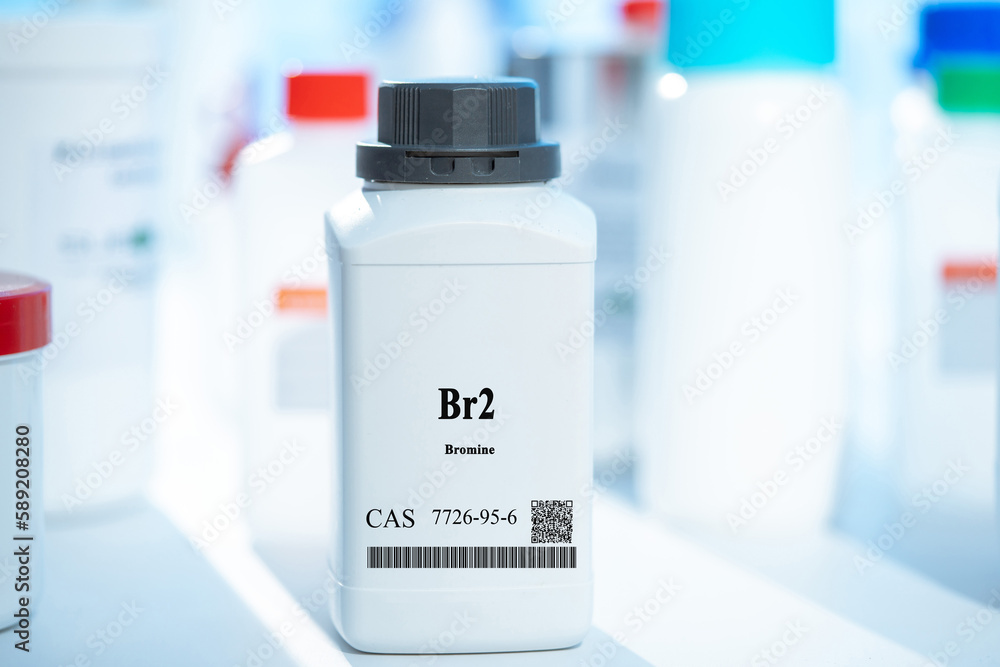 Br2 bromine CAS 7726-95-6 chemical substance in white plastic laboratory packaging