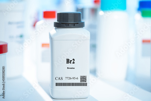 Br2 bromine CAS 7726-95-6 chemical substance in white plastic laboratory packaging photo