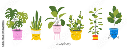 Childrens card with a drawing of a houseplant in a pot with a slogan about a friend. Cute kawaii houseplants with lattering, plants are friends. Vector stock illustration isolated on white background © Lapalovee
