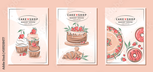 Cake shop, bakery house. Set of design sample flyers for pastry and bread shop, cooking, dessert, sweet products. Vector illustration for poster A4, banner, menu, advertising.