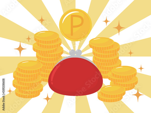 積み重なるコインとがま口財布　ポイント