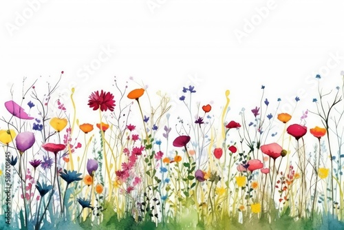 Colorful abstract flower meadow watercolor style on a white background made with Generative AI