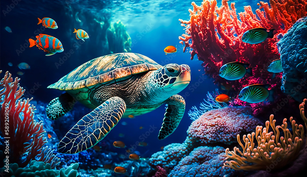 Colorful tropical fish and turtle life in the coral reef, animals of the underwater sea world, Generative AI Colorful tropical fish and turtle life in the coral reef, animals of the underwater sea world, Generative AI