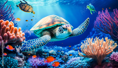 Colorful tropical fish and turtle life in the coral reef, animals of the underwater sea world, Generative AI