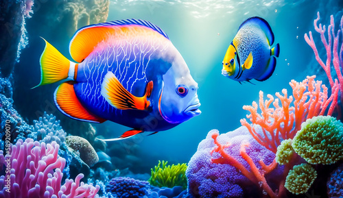 Fototapeta Naklejka Na Ścianę i Meble -  Colorful tropical fish life in the coral reef, animals of the underwater sea world, Generative AI