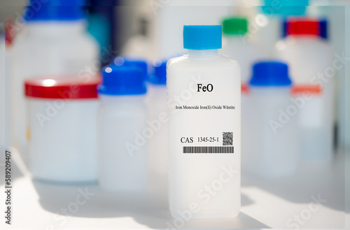 FeO iron monoxide iron(II) oxide wüstite CAS 1345-25-1 chemical substance in white plastic laboratory packaging