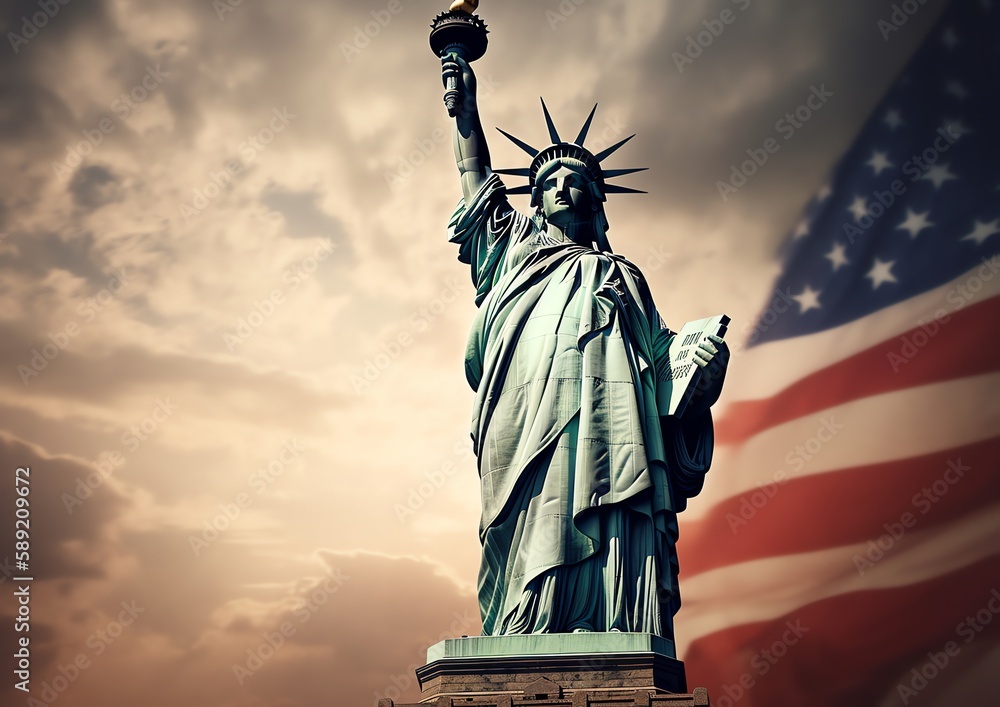 Obraz premium a statue of liberty with an american flag