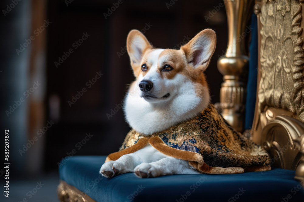 Pembroke Welsh Corgi dog dressed with a British royal family crown & robe, in celebration of King Charles III's coronation. Generative AI.