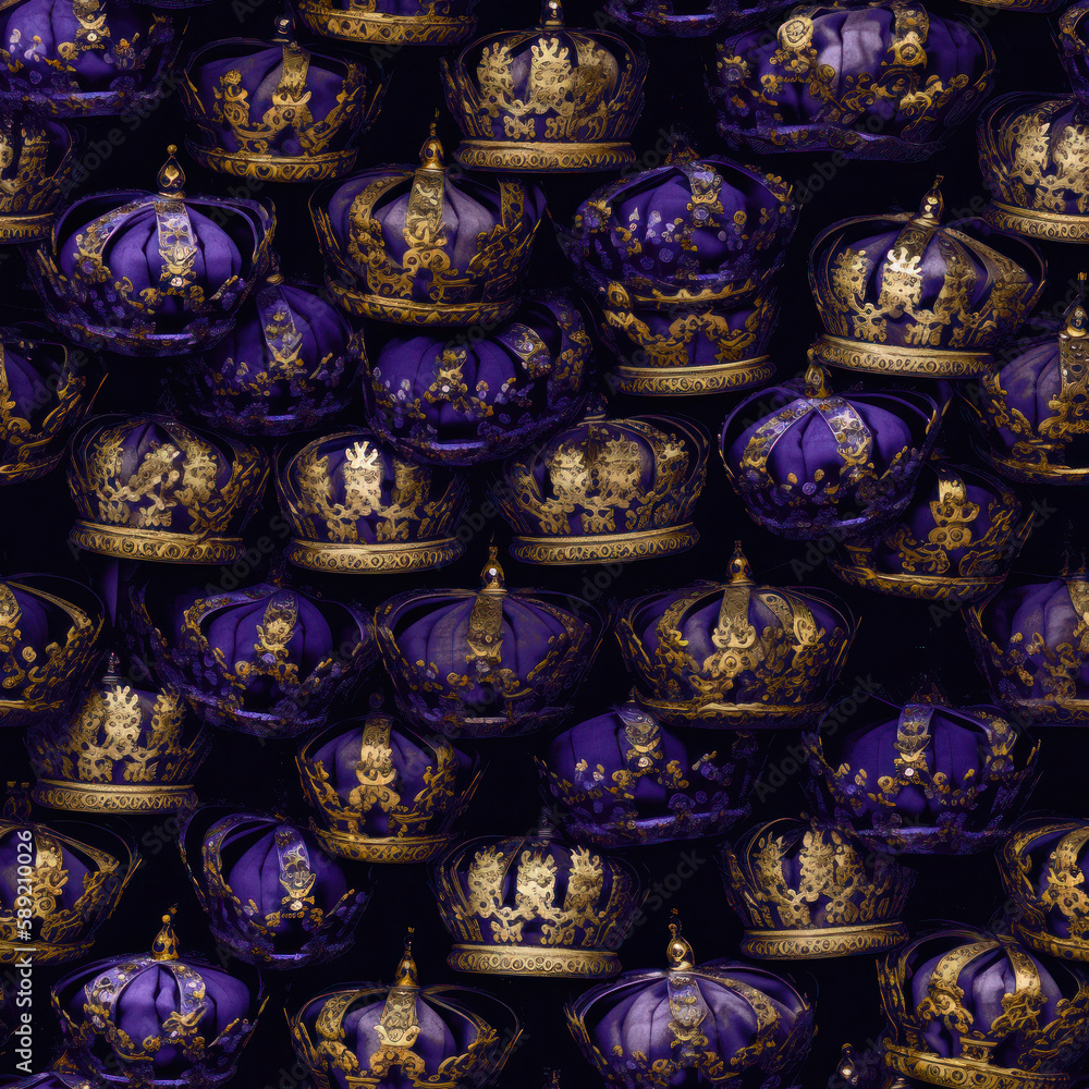 Repeating background tile pattern of gold and purple British Monarchy crowns in celebration of King Charles III's coronation. Generative AI.
