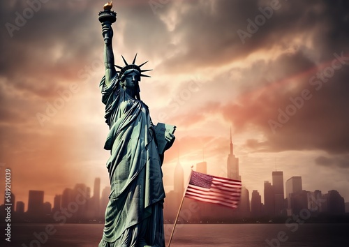a statue of liberty with an american flag © fledermausstudio