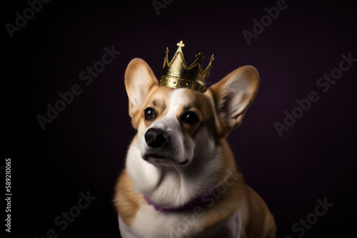 Pembroke Welsh Corgi dog dressed with a British royal family crown & robe, in celebration of King Charles III's coronation. Generative AI. photo