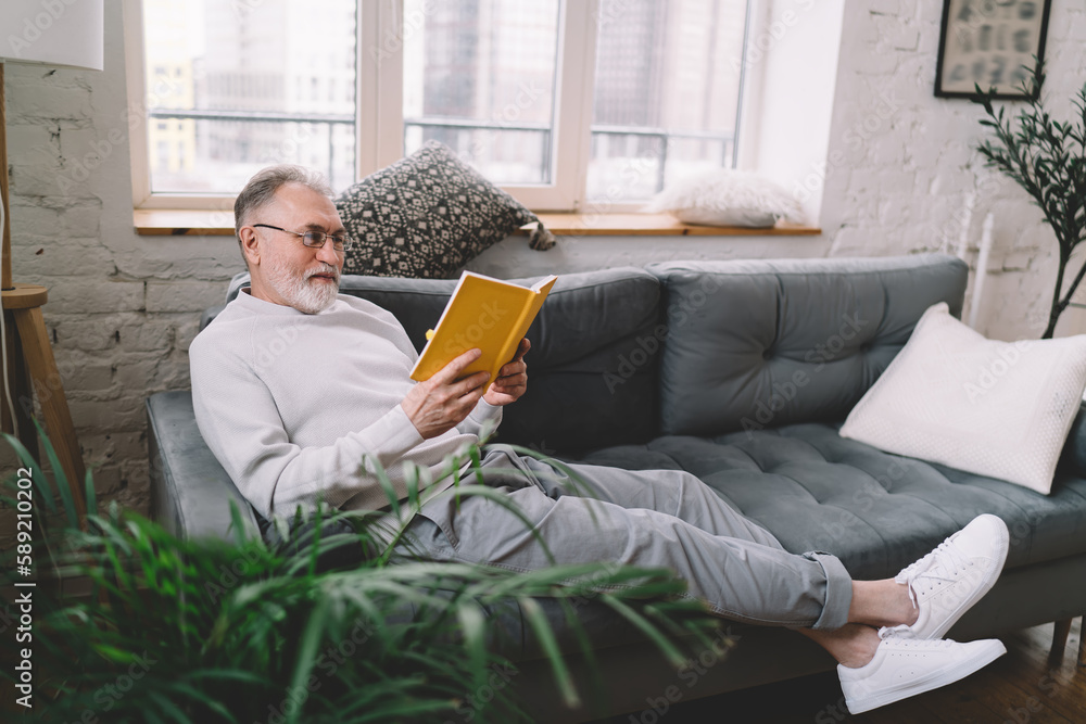 Senior man reading book on sofa at home