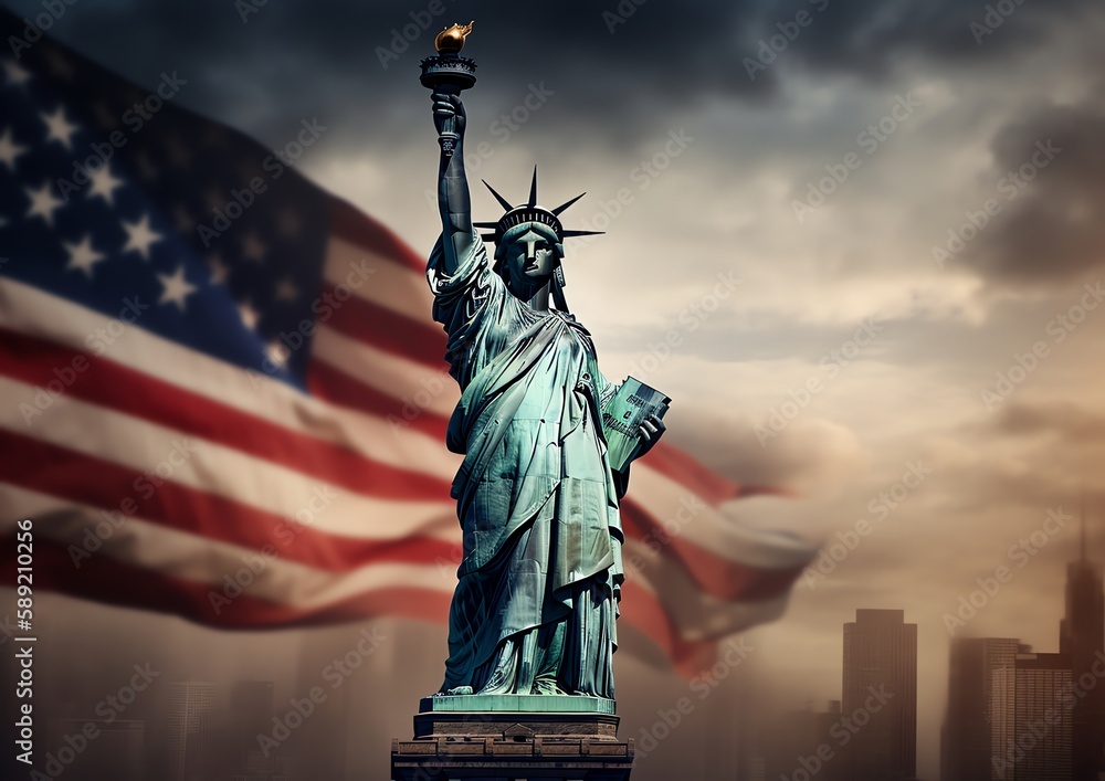 Naklejka premium a statue of liberty with an american flag