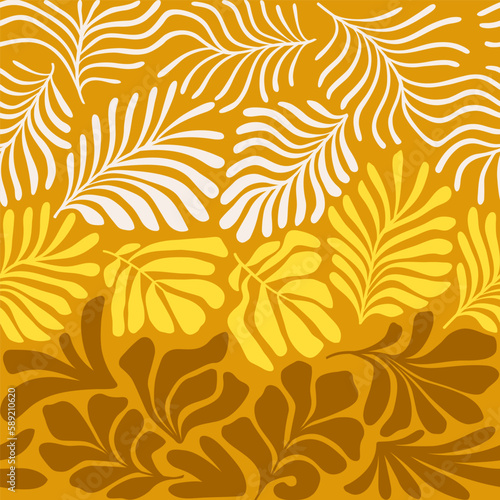 Gold yellow abstract background with tropical palm leaves in Matisse style. Vector seamless pattern with Scandinavian cut out elements.
