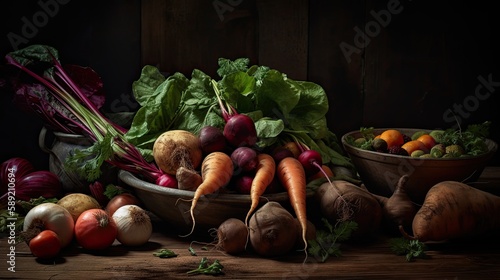 vegetables in a basket on a wooden table