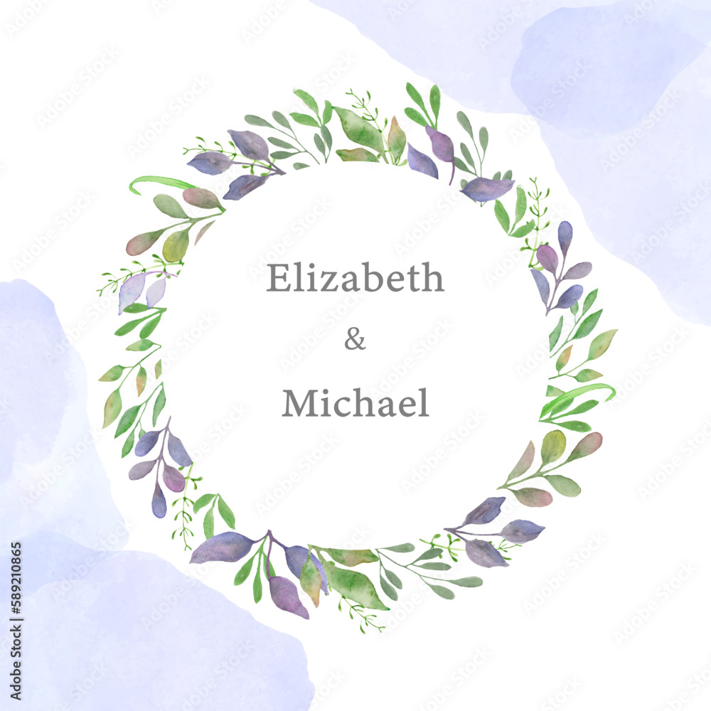 Watercolor floral round wreath Invitation card. Hand drawing illustration isolated in white background. Vector EPS.