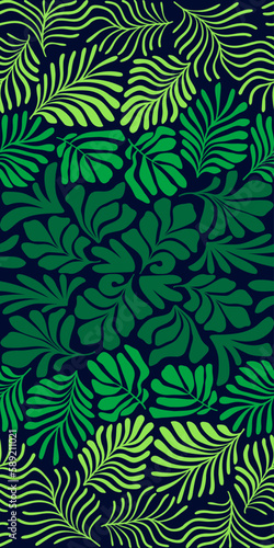 Green gradient abstract background with tropical palm leaves in Matisse style. Vector seamless pattern with Scandinavian cut out elements.