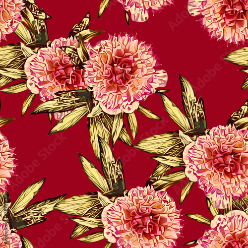 Peonies and leaves composition seamless pattern.