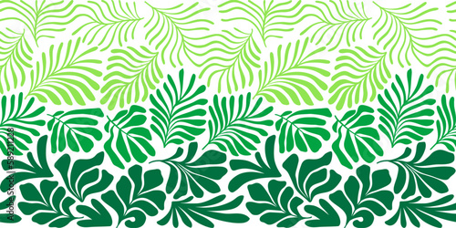 White green abstract background with tropical palm leaves in Matisse style. Vector seamless pattern with Scandinavian cut out elements.