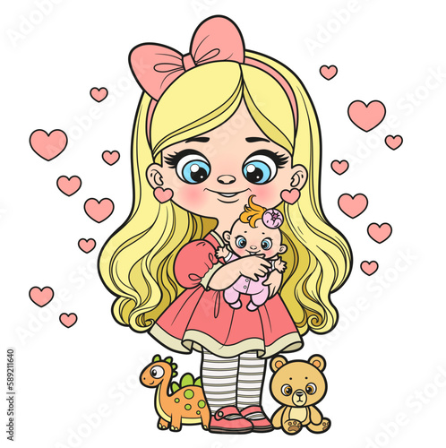 Cute cartoon girl with baby doll and toys color variation for coloring page on a white background