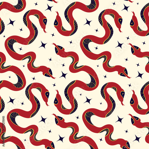 Pattern with Magic Mystical snakes. Freaky quirky snakes