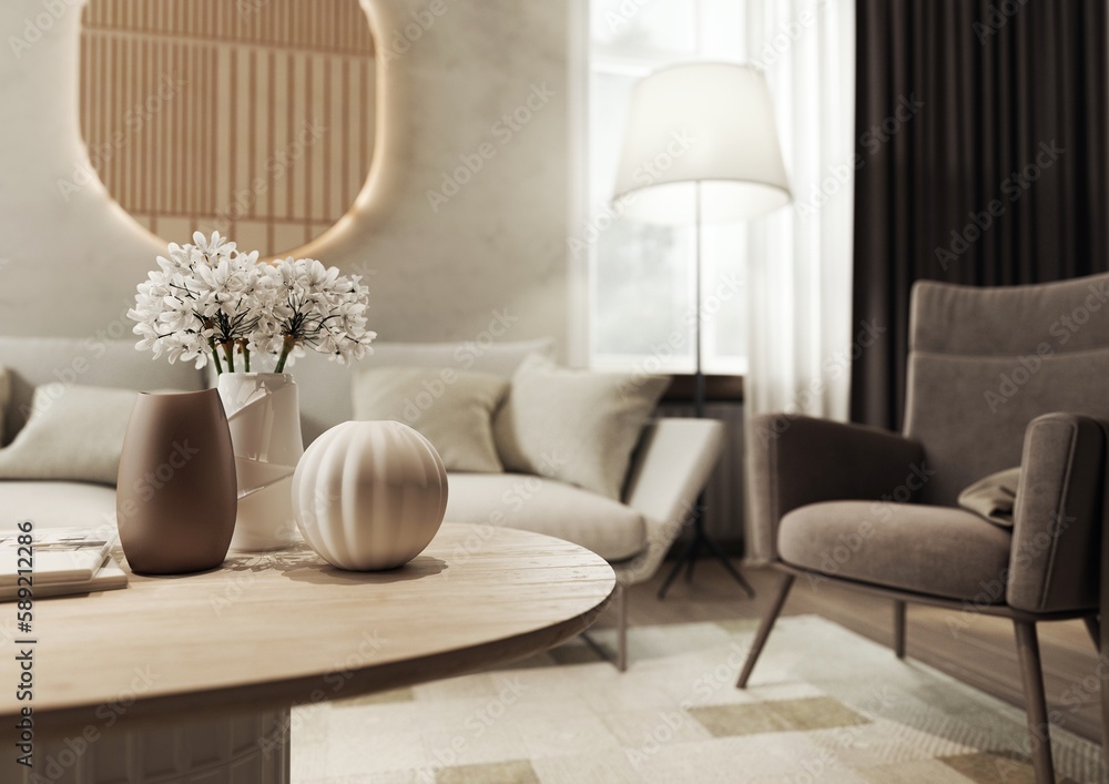 The interior of the living room is designed in subdued warm shades. Beige, grey, white and brown combine harmoniously with natural materials such as wood or stone. Japandi style. 3D illustration The interior of the living room is designed in subdued warm shades. Beige, grey, white and brown combine harmoniously with natural materials such as wood or stone. Japandi style. 3D illustration
