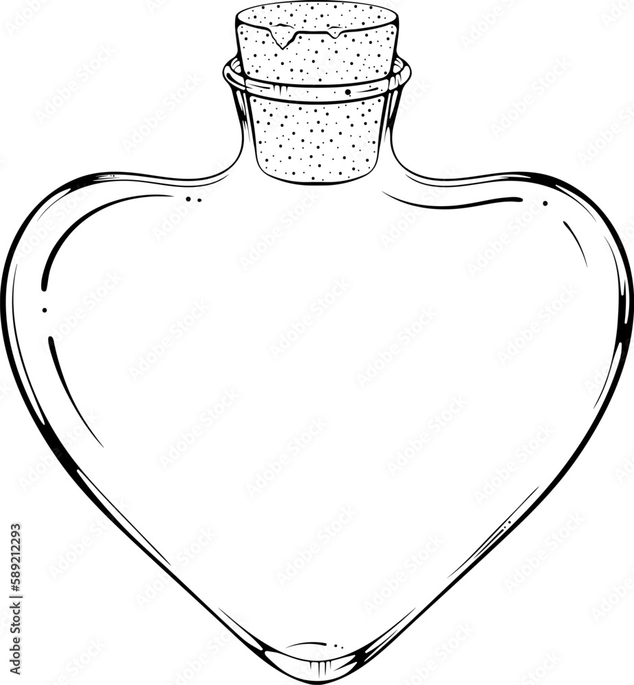 Vecteur Stock Empty glass heart shaped vial. Bottle for for love potion