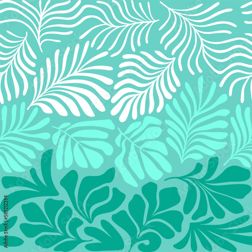 Turquoise gradient abstract background with tropical palm leaves in Matisse style. Vector seamless pattern with Scandinavian cut out elements.